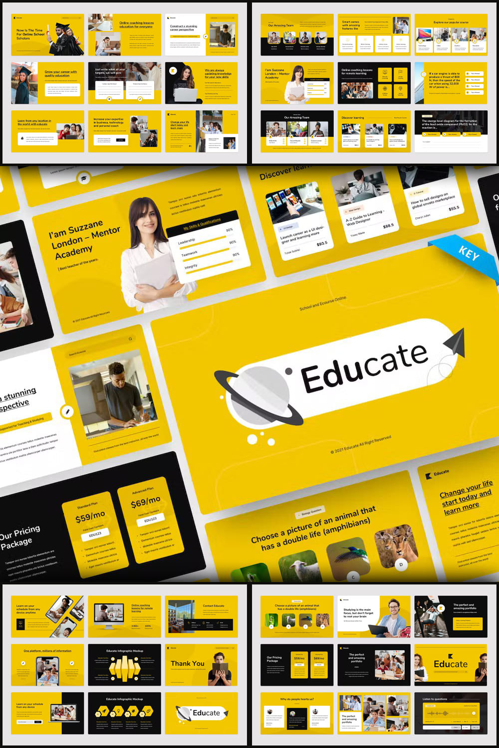 Pack of images of elegant presentation template slides in yellow and black colors.