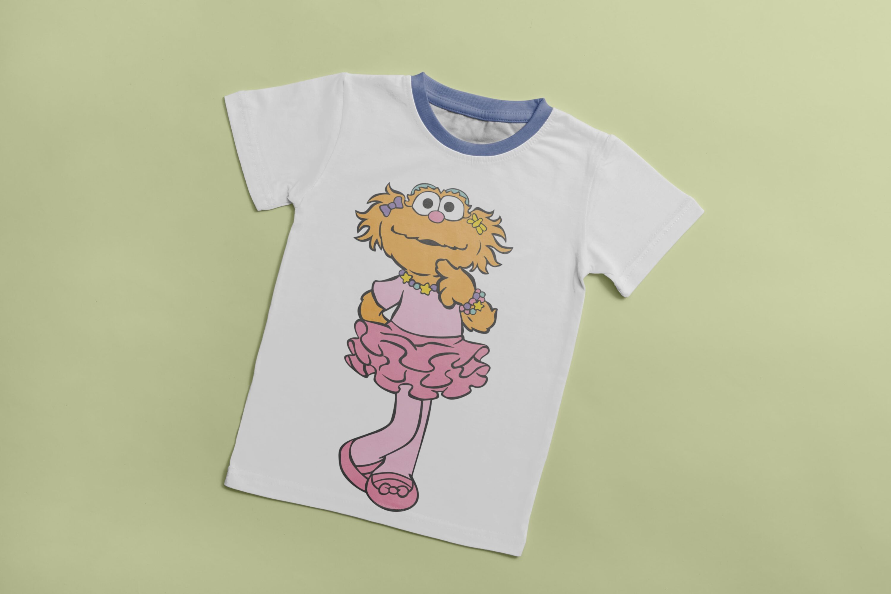 White T-shirt with a blue collar and an image of a dancing Cookie Monster.