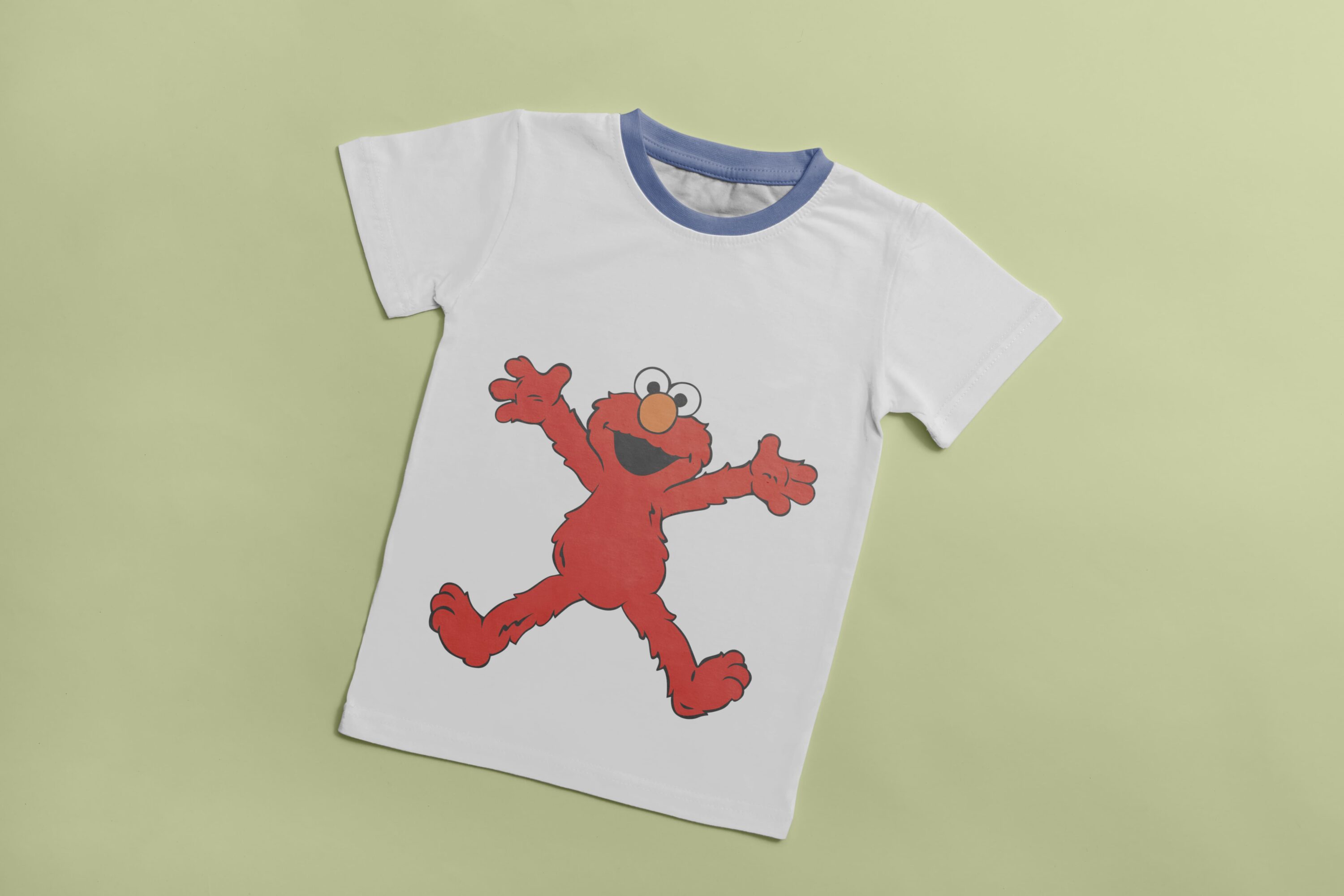 White T-shirt with a blue collar and an image of a red funny baby Cookie Monster.