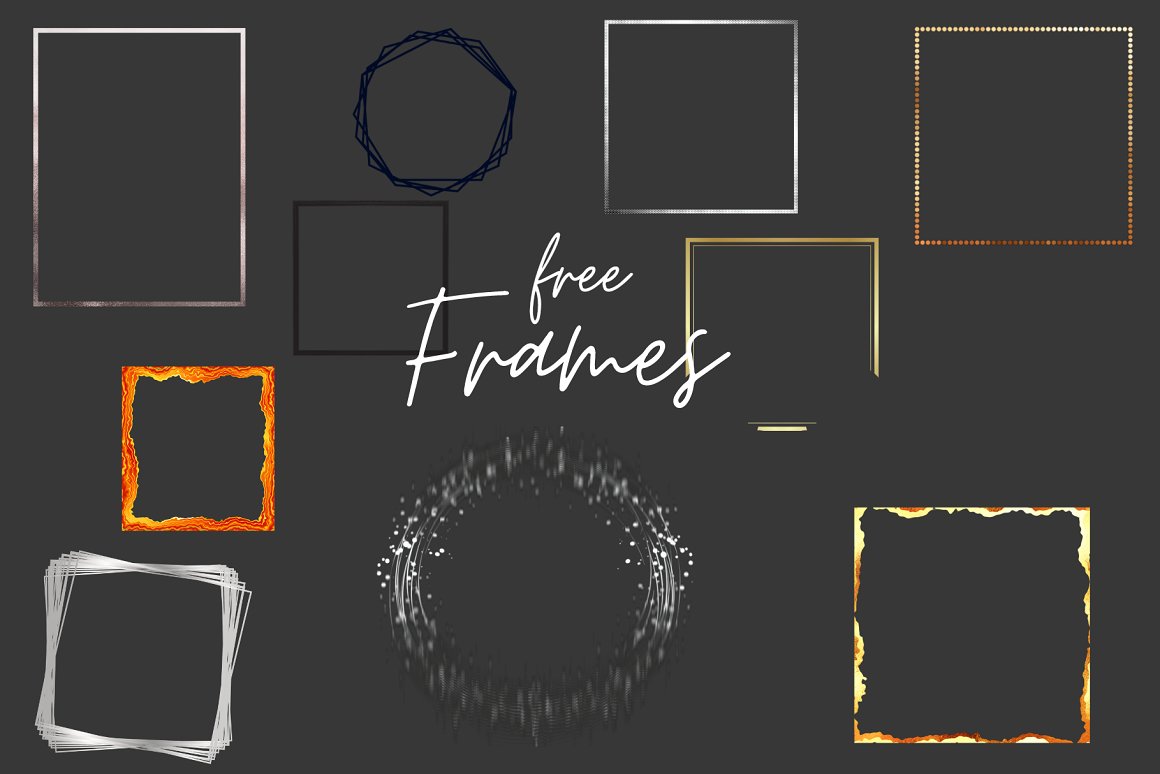 The white lettering "Free frames" and 10 different frames on a dark gray background.