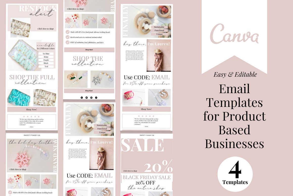 Pink "Canva" logo on white label and black letterings "Easy & Editable", "Email Templates for Product Based Businesses" and black lettering "4 Templates" on a white circle and 3 different email templates on a pink background.