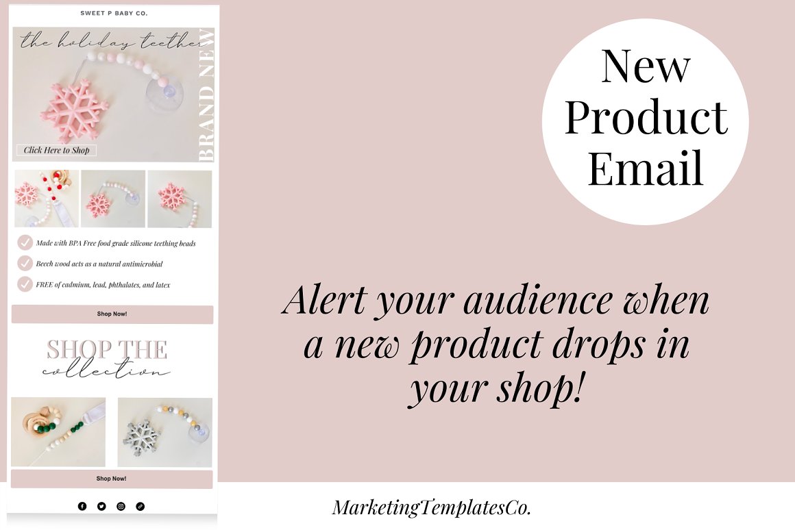 Black lettering "New Product Email" on a white circle, black lettering "Alert your audience when a new product drops in your shop!" and email template on a pink background.