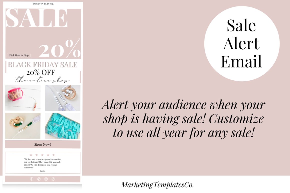 Black lettering "Sale Alert Email" on a white circle, black lettering "Alert your audience when your shop is having sale! Customize to use all year for any sale!" and email template on a pink background.