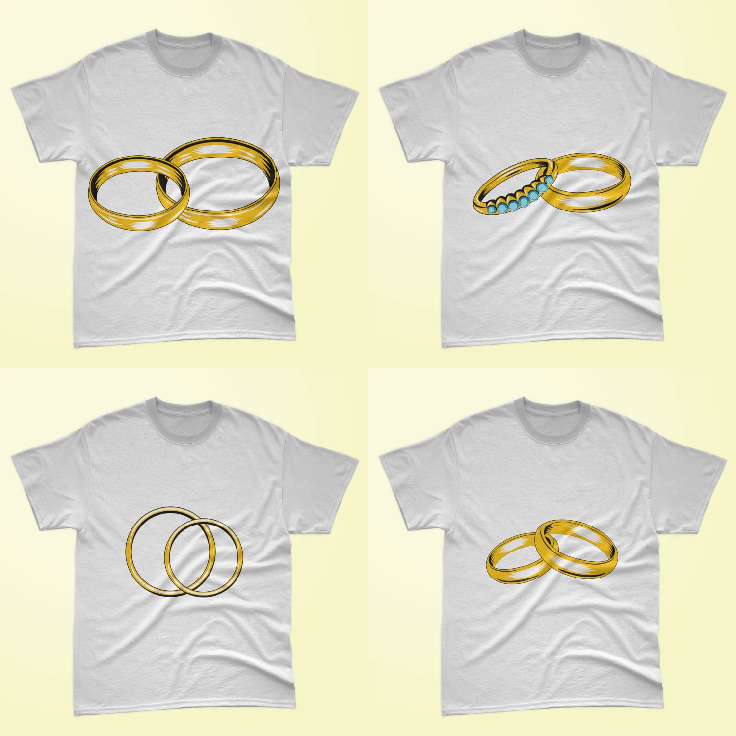 A selection of images of t-shirts with elegant prints of engagement rings.