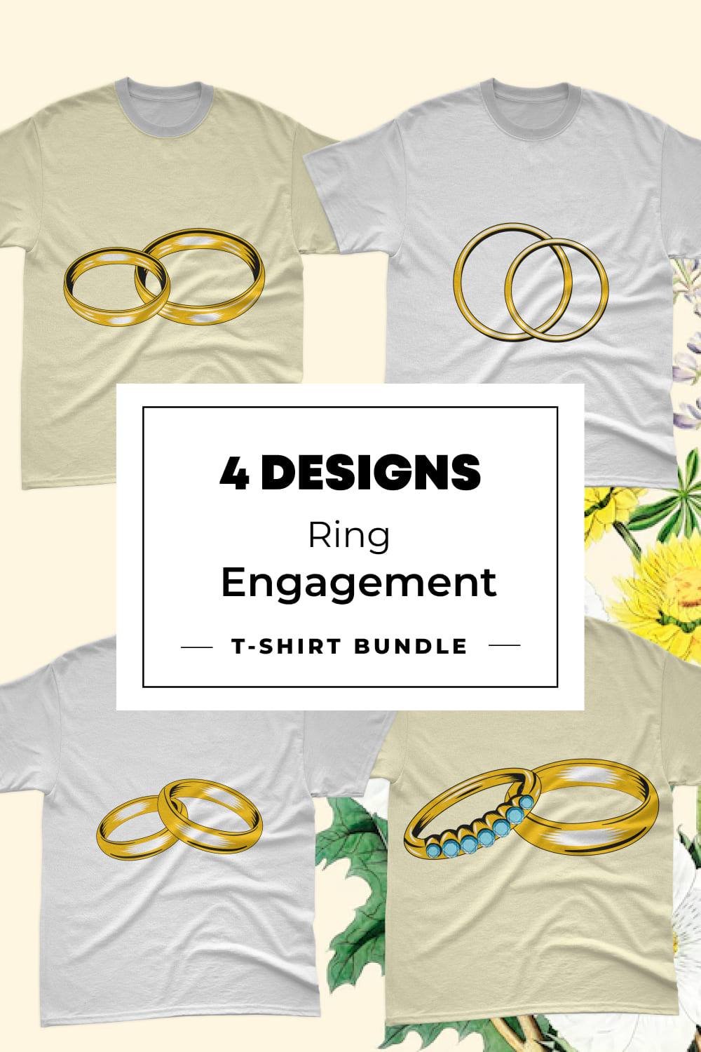 A set of images of t-shirts with amazing prints of engagement rings.