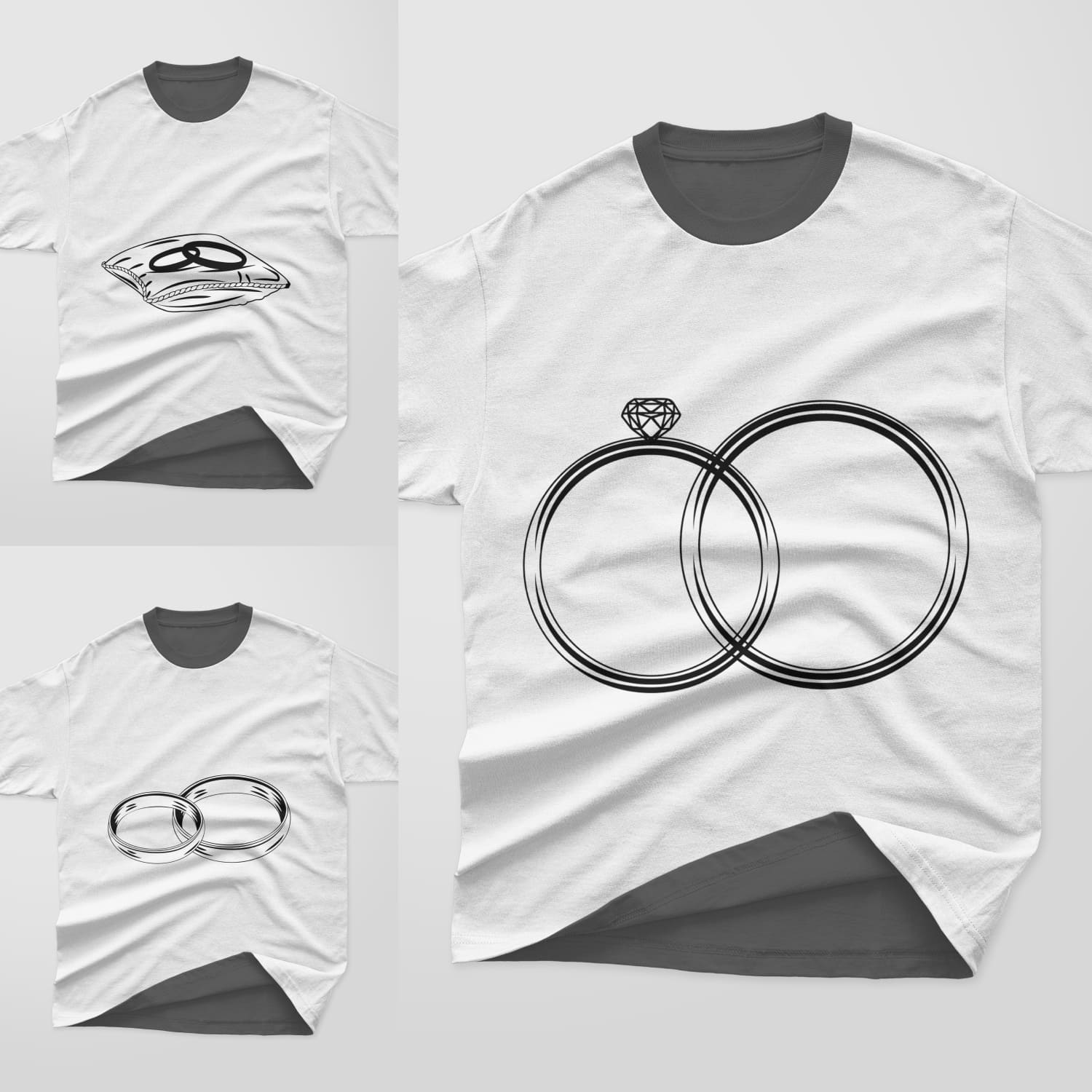 A pack of images of t-shirts with a beautiful print of engagement rings.