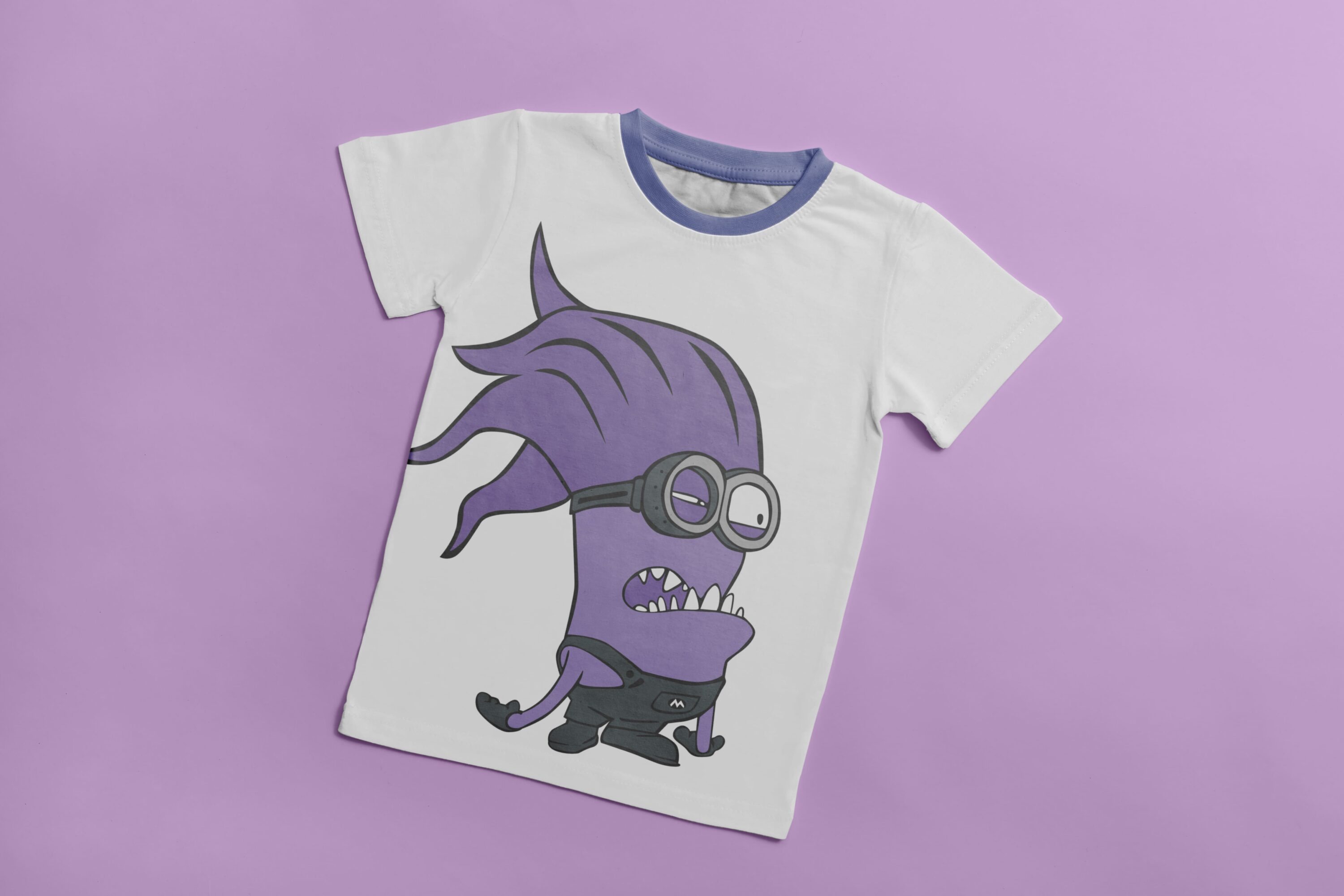 White T-shirt with a purple collar and an image angry character Evil Minion.