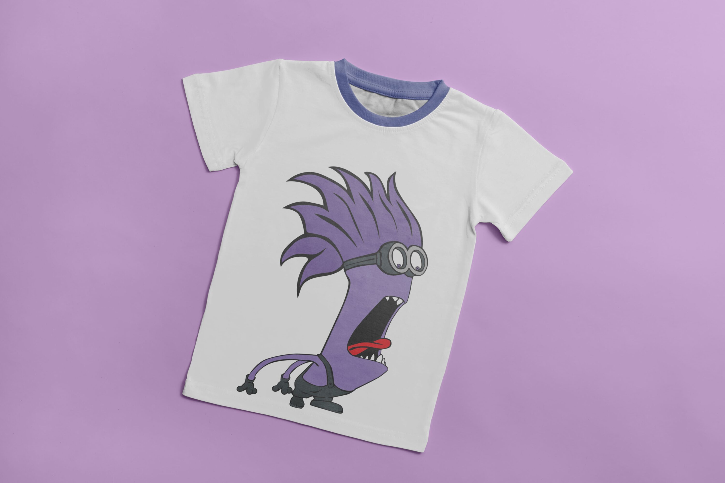 White T-shirt with a purple collar and an image surprised character Evil Minion.