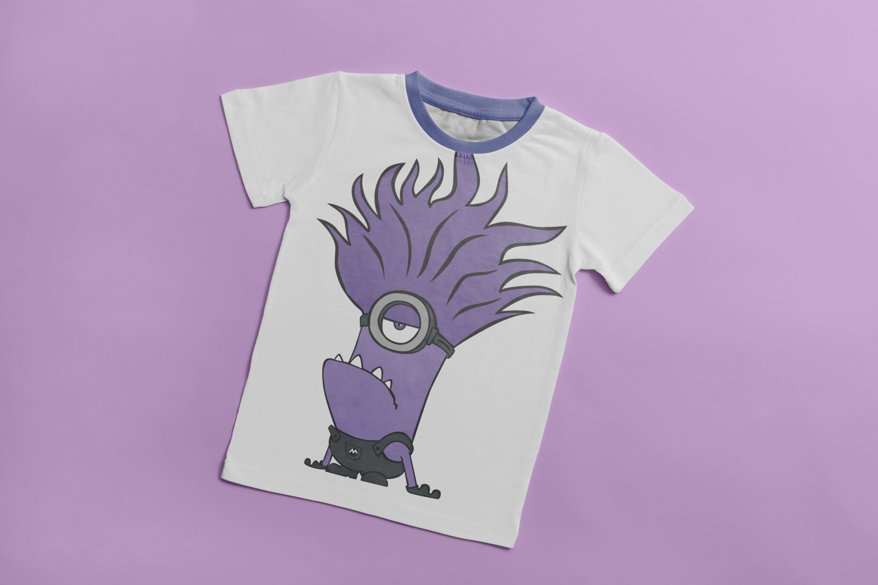 White T-shirt with a purple collar and an image offended character Evil Minion.