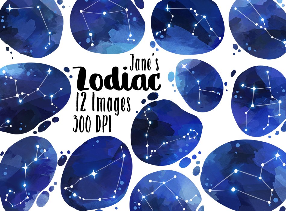Black lettering "Jane's Zodiac 12 Images 300 DPI" and different white-blue zodiac constellations on a white background.