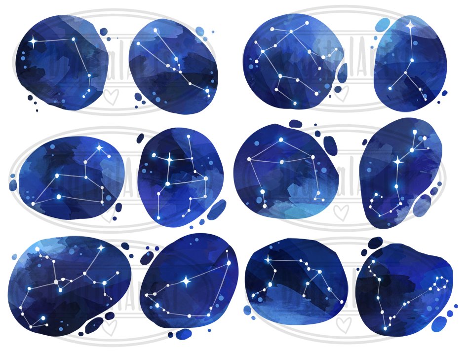 A set of 12 different white-blue zodiac constellations on a white background.