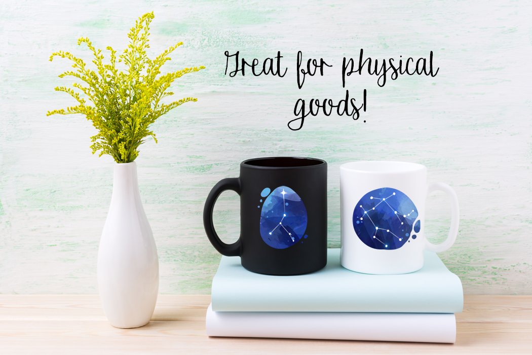 Black lettering "Great for physical goods!" and black and white cups with a white-blue zodiac constellation on a watercolor background.