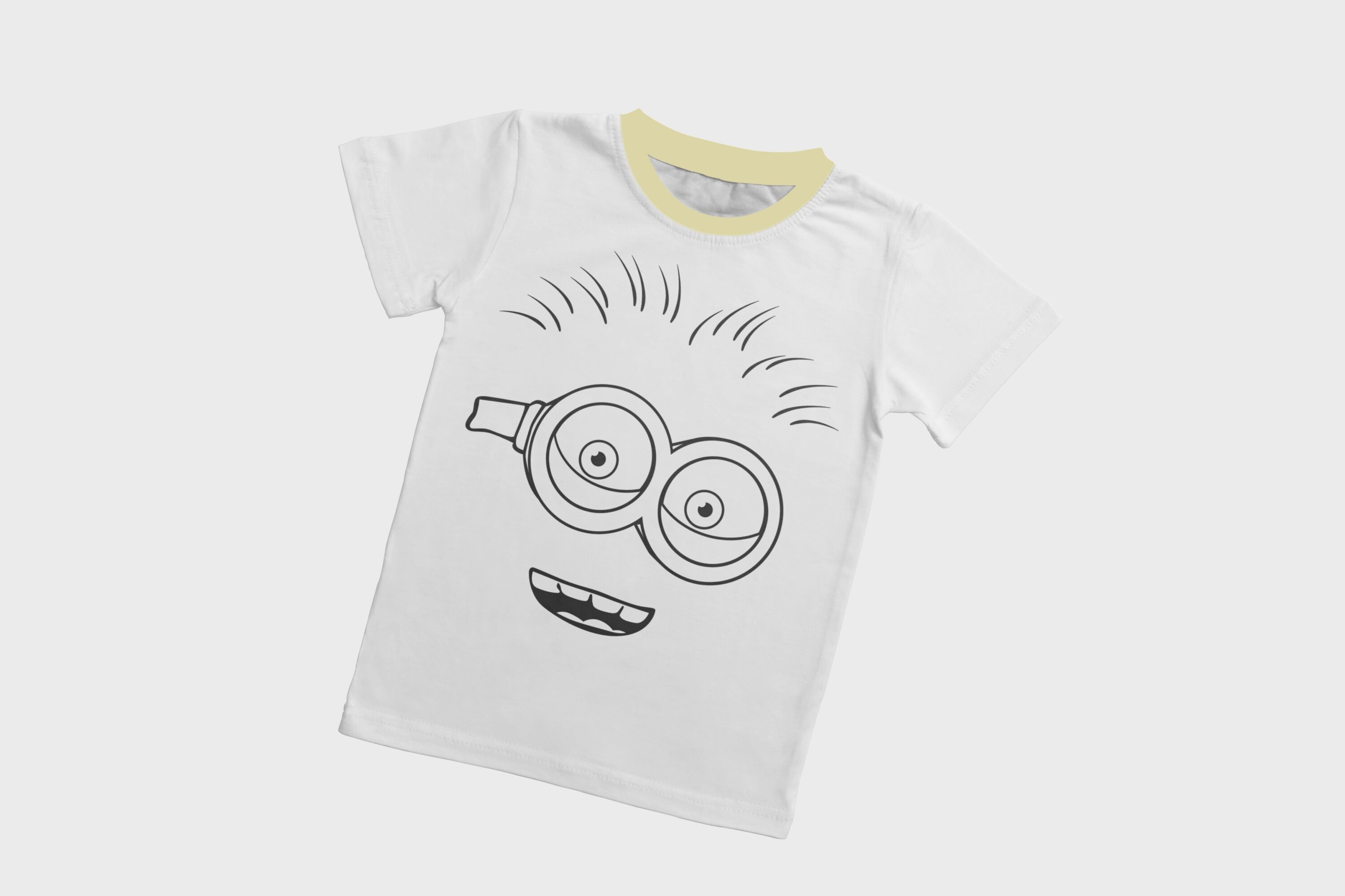 A white T-shirt with a dirty yellow collar and a silhouette face of a laughing minion.