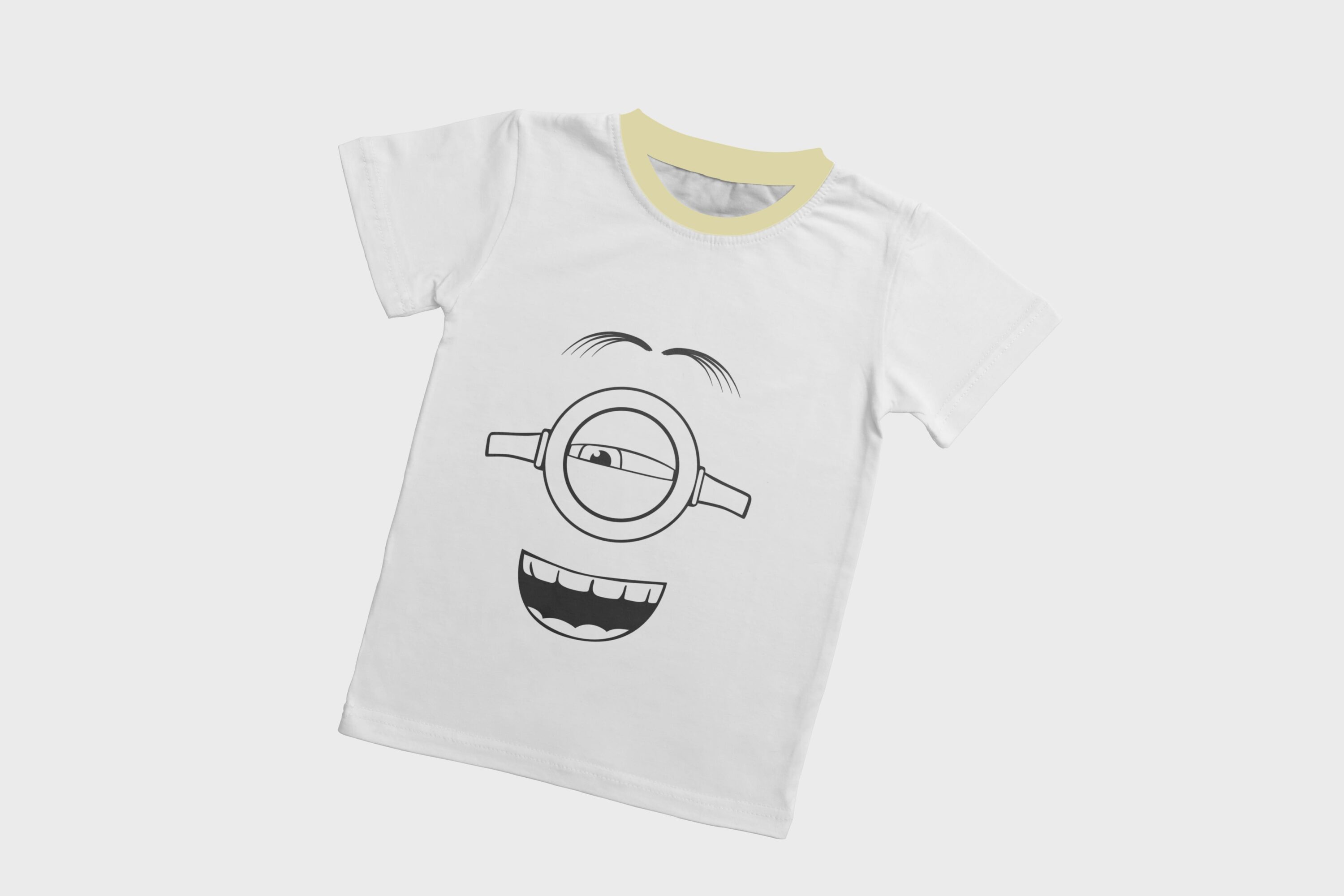 A white T-shirt with a dirty yellow collar and a silhouette face of a laughing minion with one eye.