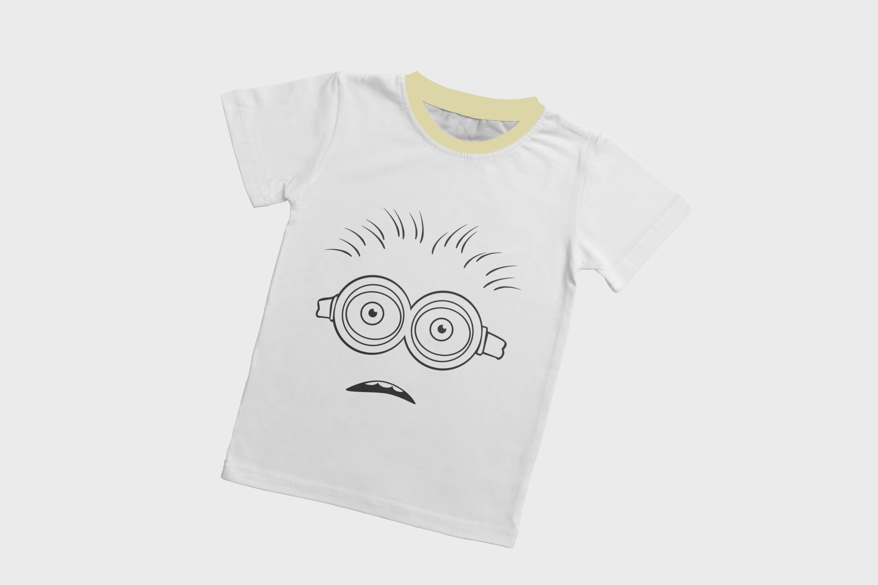 A white T-shirt with a dirty yellow collar and a silhouette face of a puzzled minion.