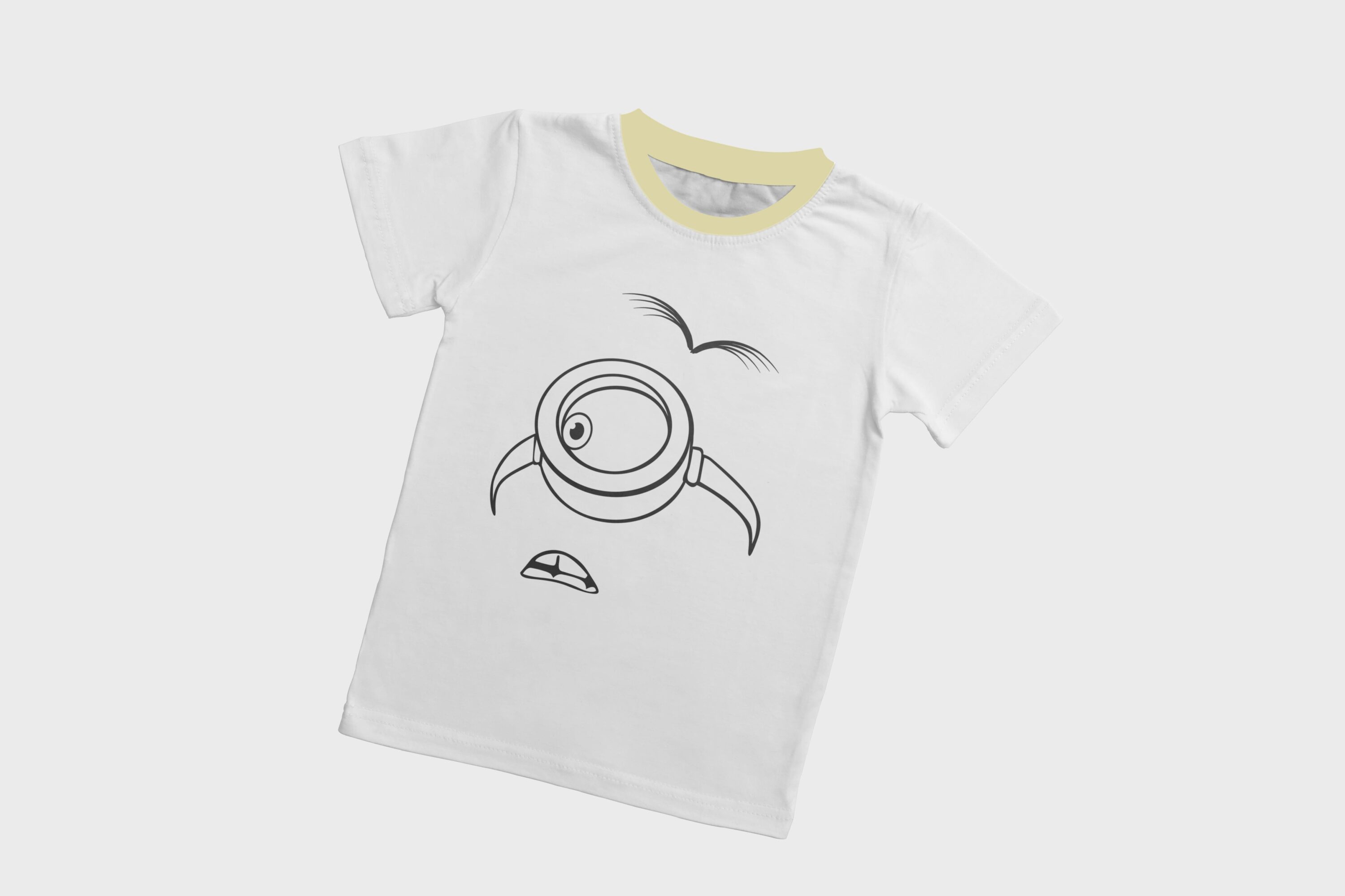 A white T-shirt with a dirty yellow collar and a silhouette face of a surprised minion with one eye.