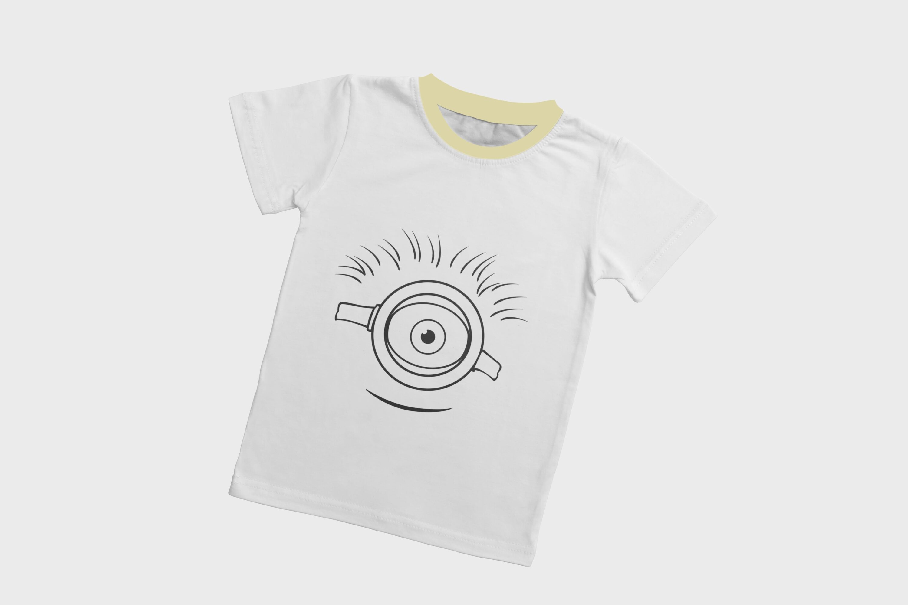 A white T-shirt with a dirty yellow collar and a silhouette face of a smiling minion with one eye.