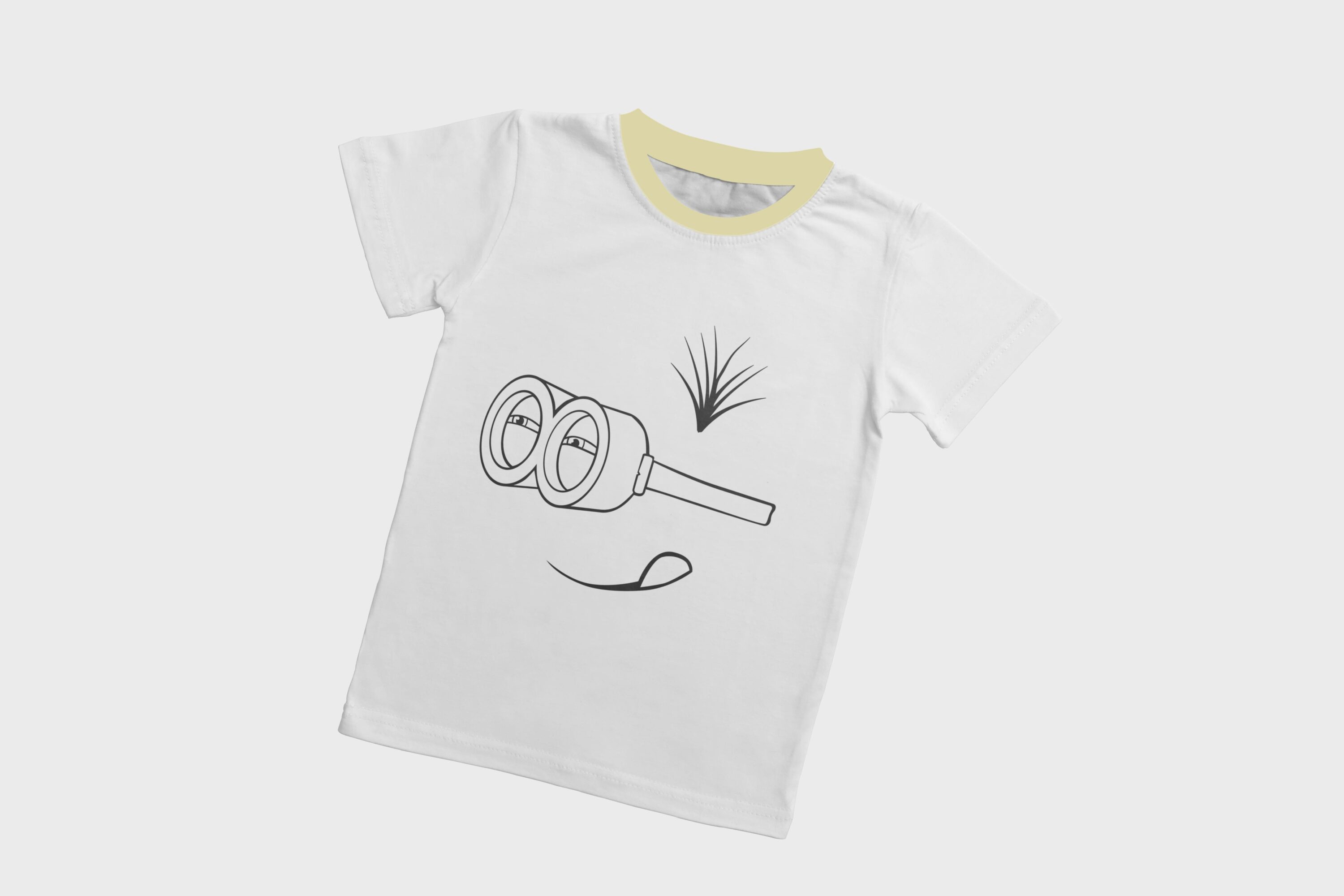 A white T-shirt with a dirty yellow collar and a silhouette face of a interested minion.