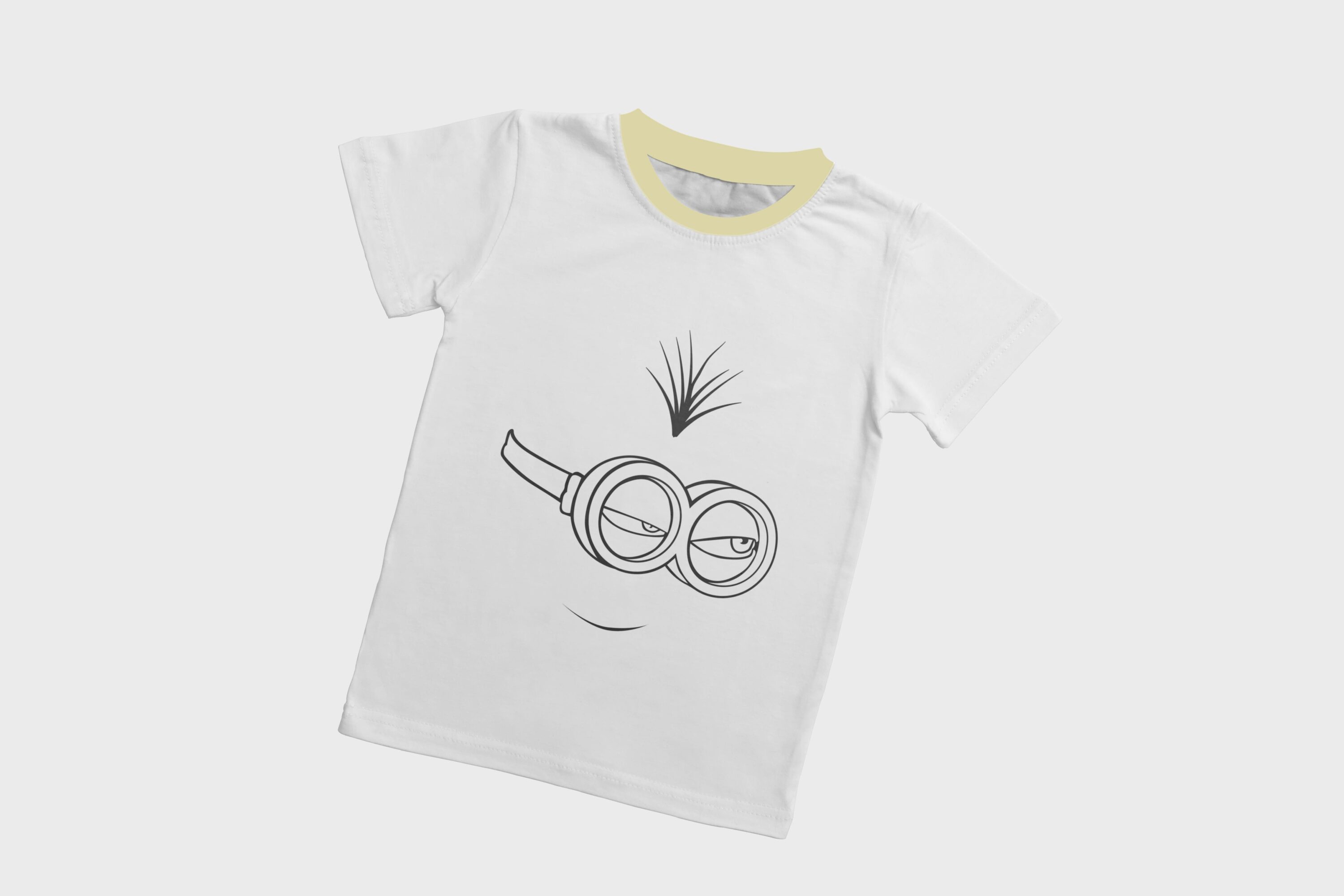 A white T-shirt with a dirty yellow collar and a silhouette face of a grinning minion.
