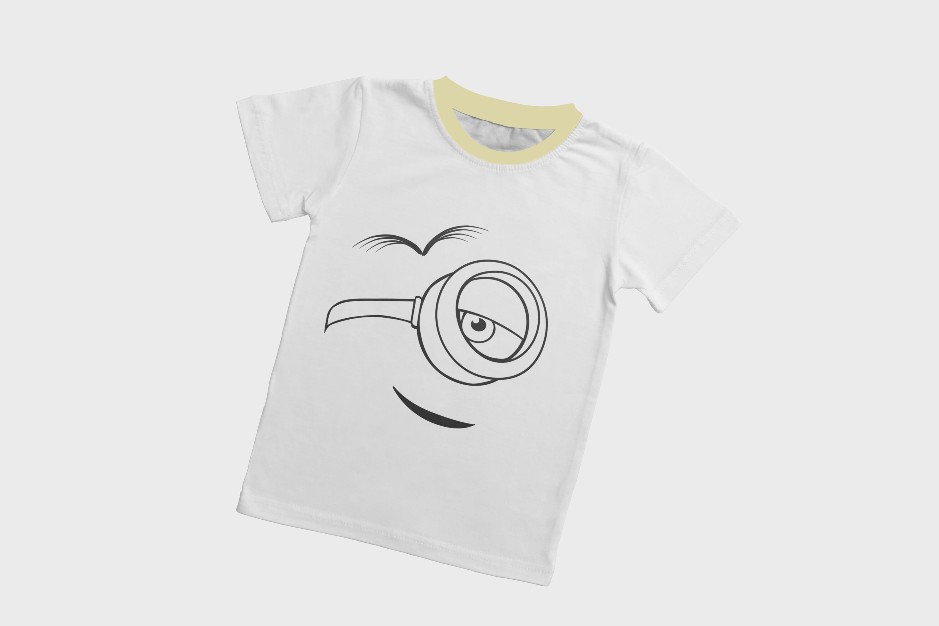 A white T-shirt with a dirty yellow collar and a silhouette face of a grinning minion.
