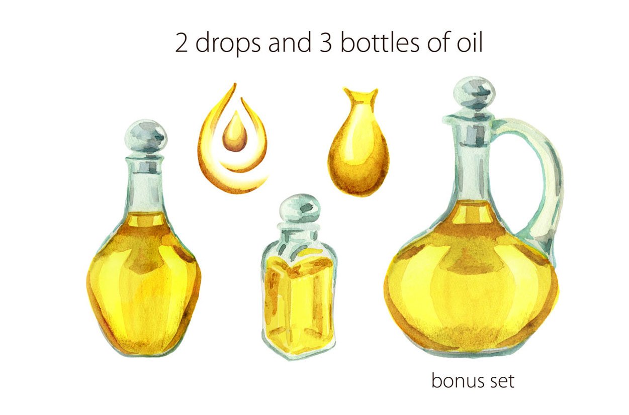 An illustration of 2 drops and 3 bottles of oil on a white background.