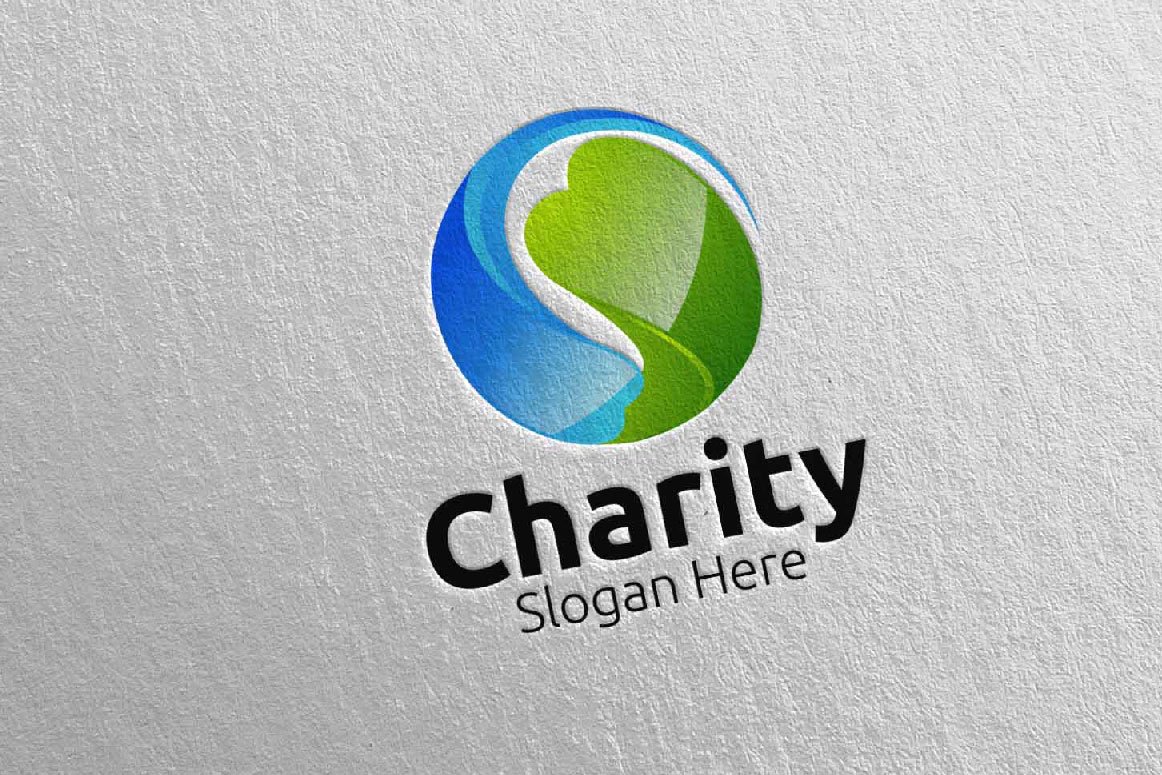 A blue and green 3D charity hand love logo and black lettering "Charity slogan here" on a gray background.