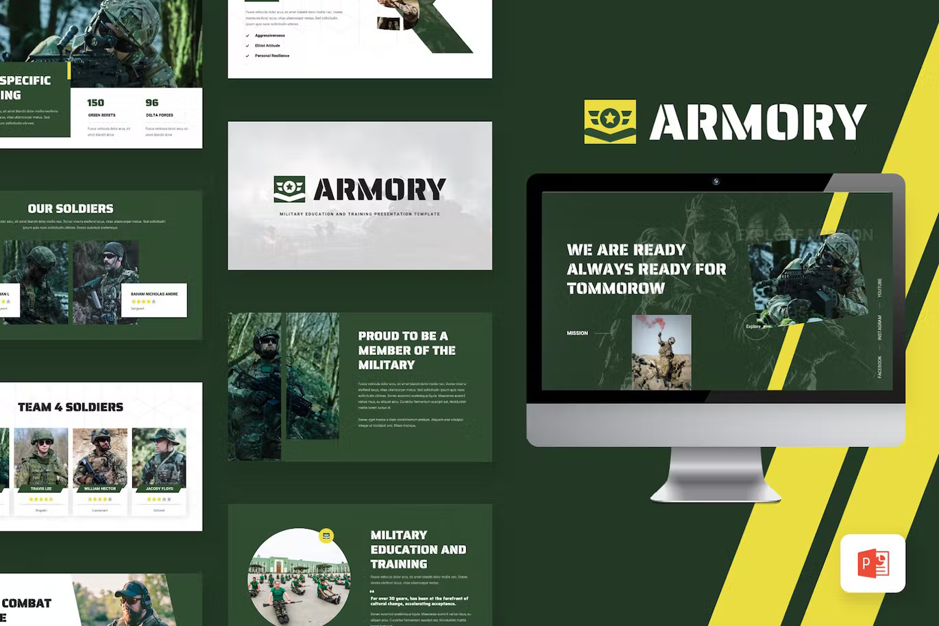 Mockup IMac with military images and white lettering "ARMORY" with different slides on a dark green background.
