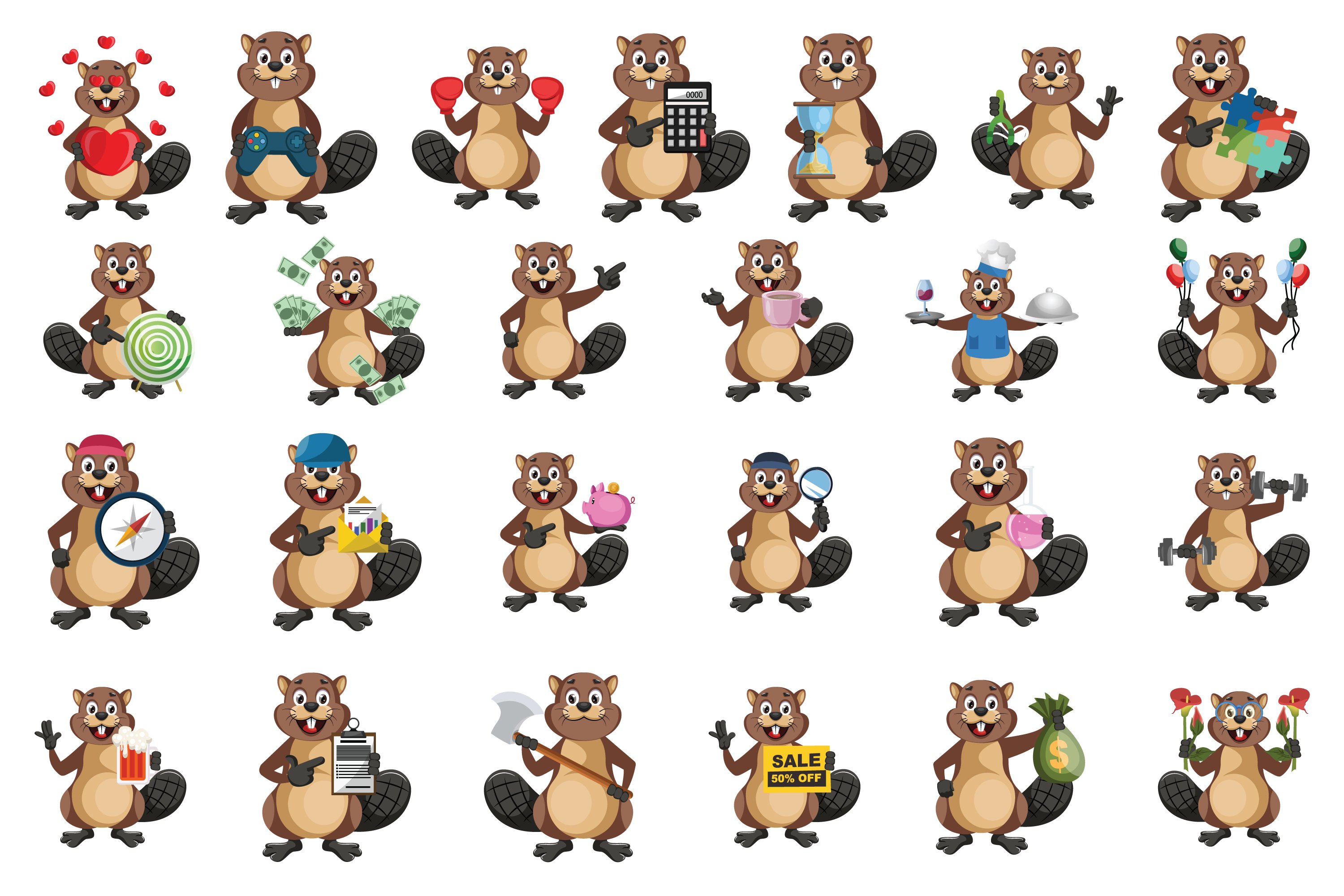 Funny beaver illustrations for stickers or something else..