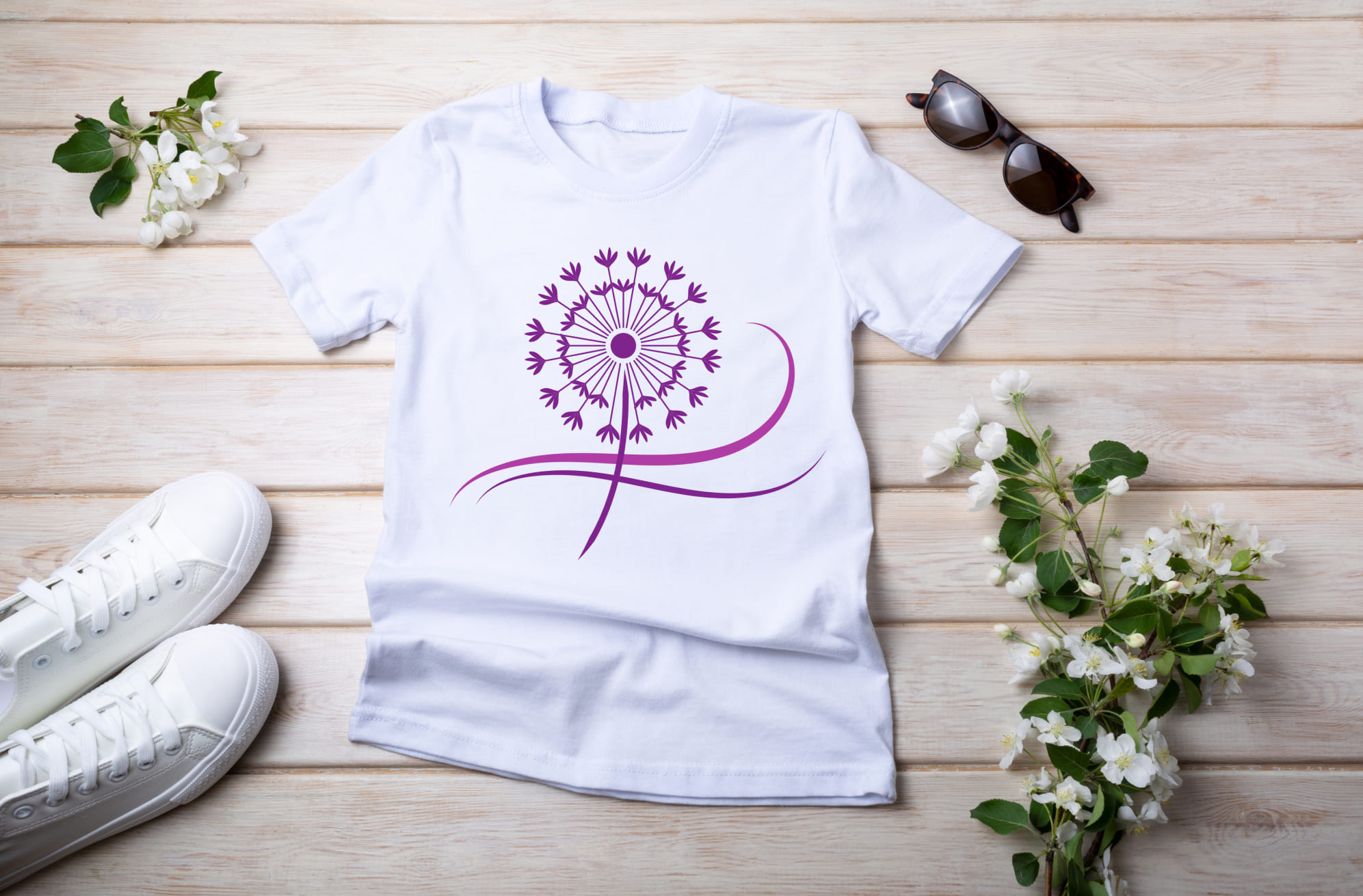 White T-shirt with purple dandelion flower and sunglasses with white sneakers.