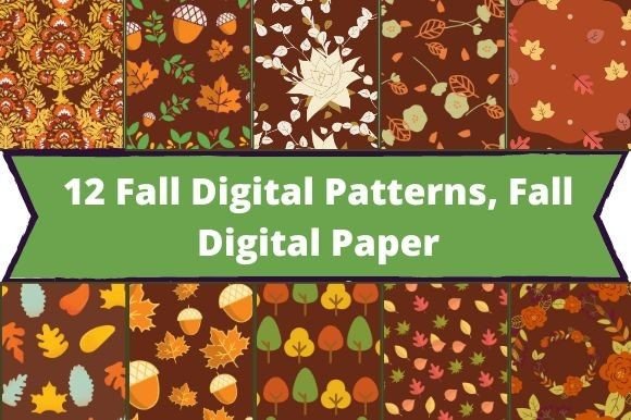 The white lettering "12 Fall Digital Patterns, Fall Digital Paper" on a green background and 10 different fall images on a red background.