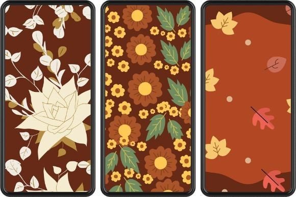 3 Iphone Mockups with different fall images on a red background.