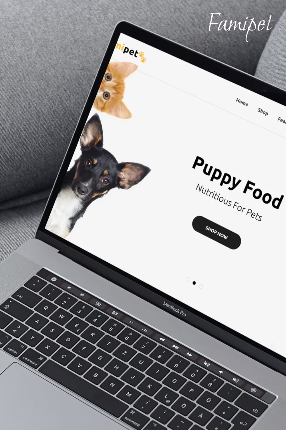 Famipet - Pet Shop Shopify Theme - laptop mockup for pinterest image.