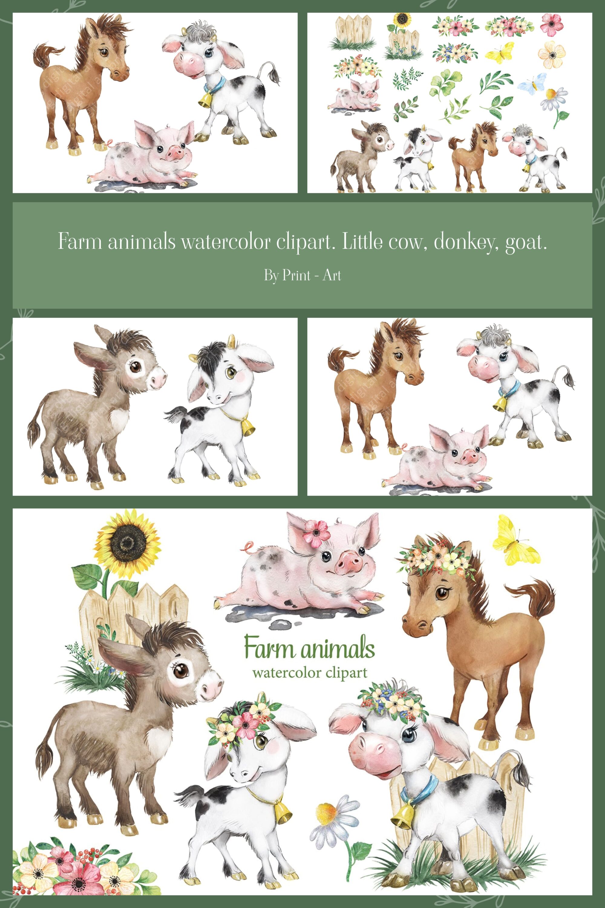 farm animals watercolor clipart. little cow donkey goat. 03 573