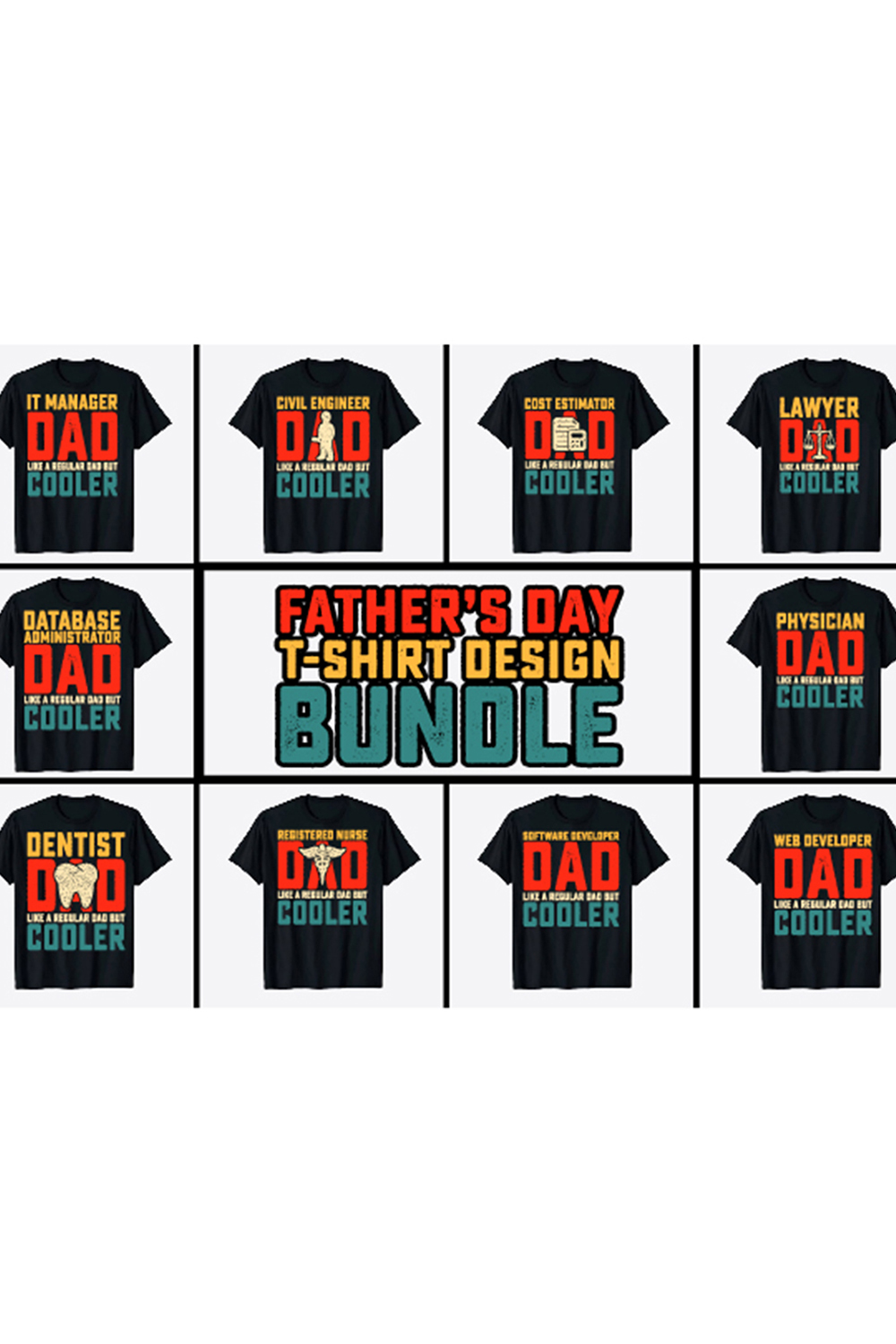 A pack of images of t-shirts with a great print on the theme of the father's profession.