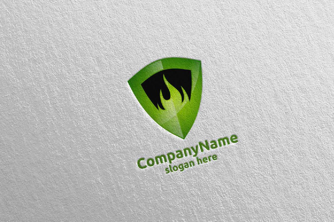 A green and black 3D fire flame element logo and green lettering "CompanyName slogan here" on a gray background.