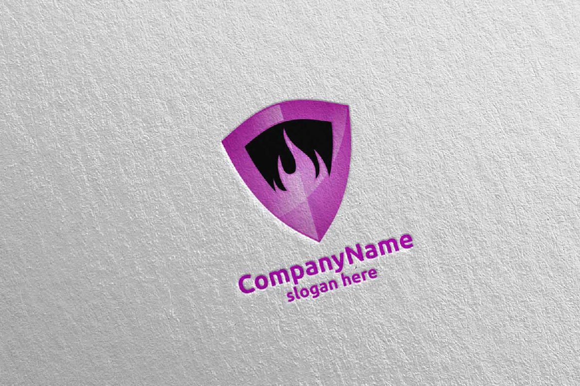 A purple and black 3D fire flame element logo and purple lettering "CompanyName slogan here" on a gray background.