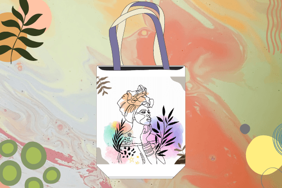 Image of a bag with a beautiful print of an African woman's face line art.