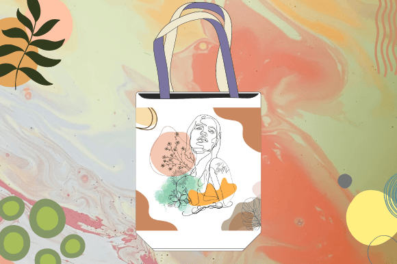 White shopping bag with a female face in line art style on a white and brown watercolor background.