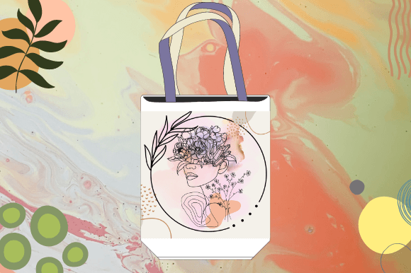 White shopping bag with a female face in line art style on a pink watercolor background.