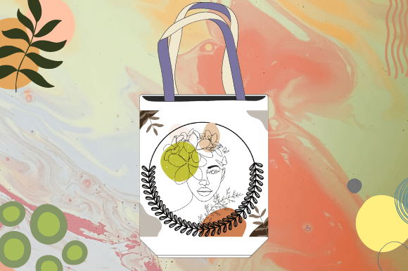 White shopping bag with a female face in line art style on a white watercolor background.