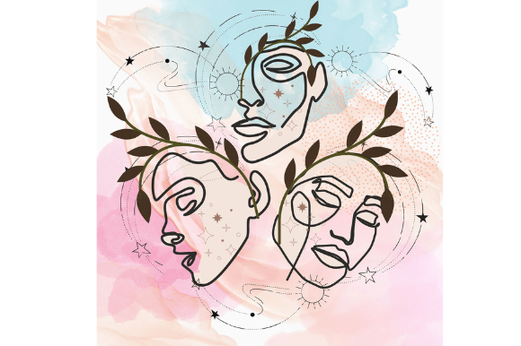 Illustration of women faces in line art style on a pink and blue watercolor background.