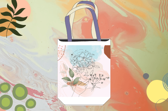 White shopping bag with a female face in line art style on a pink and blue watercolor background.