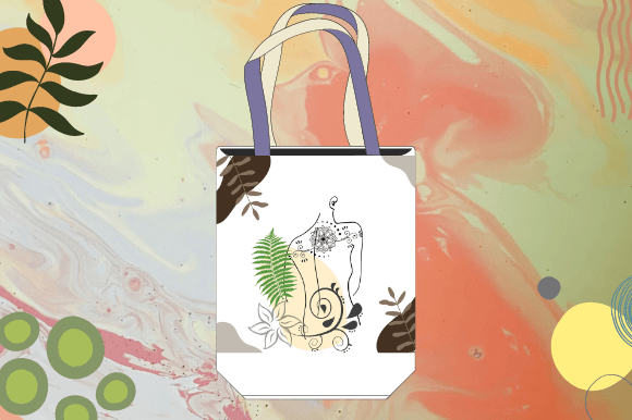 White shopping bag with a female face in line art style on a white watercolor background.