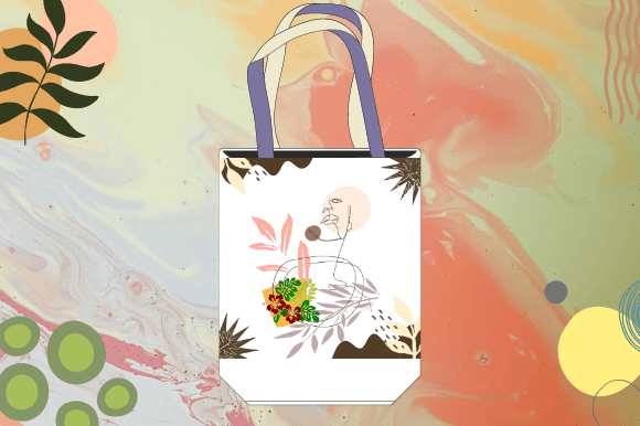 White shopping bag with a female face in line art style on a white and pink watercolor background.