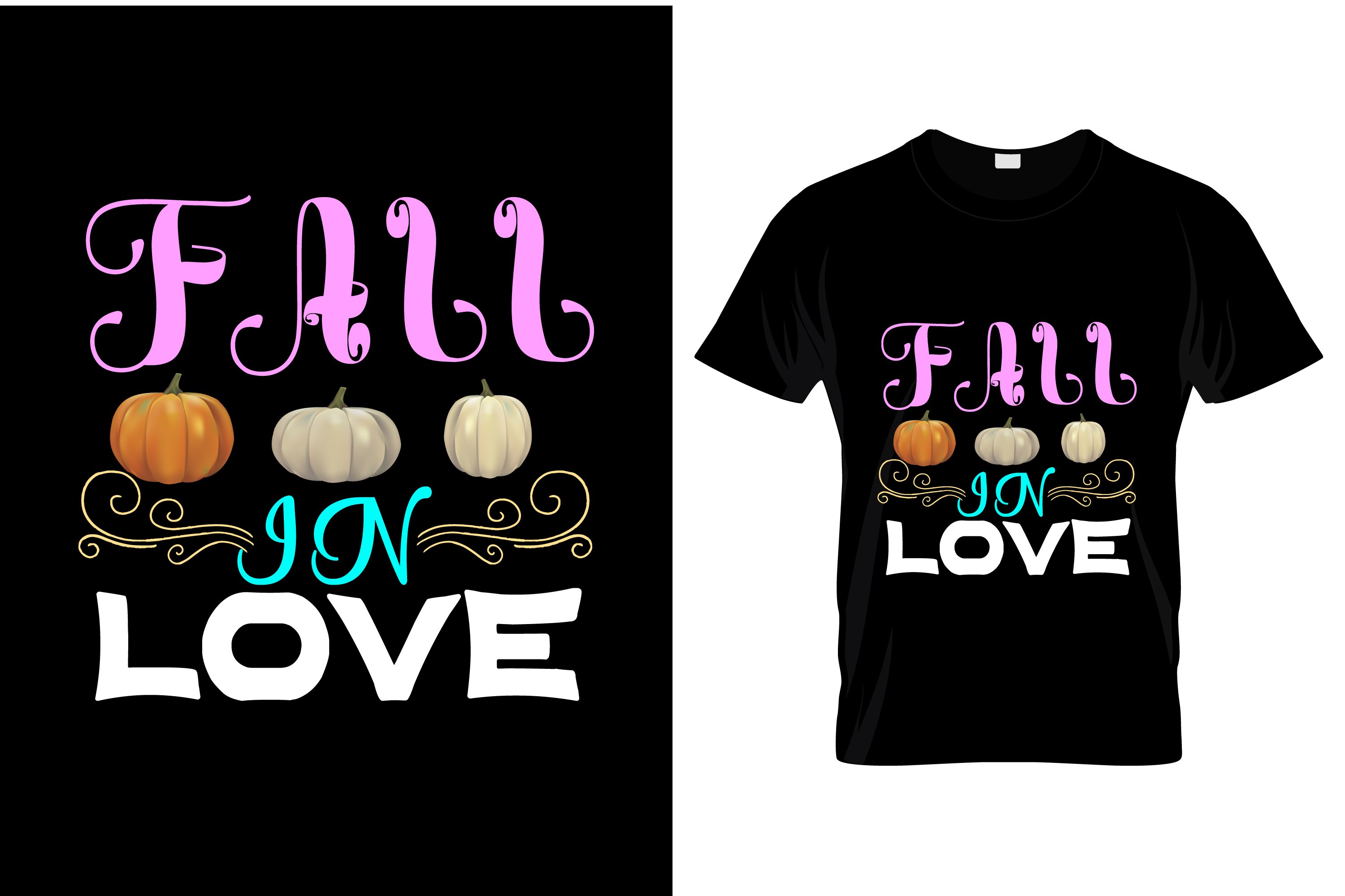 Image of a black t-shirt with a charming print on the theme of love for autumn.