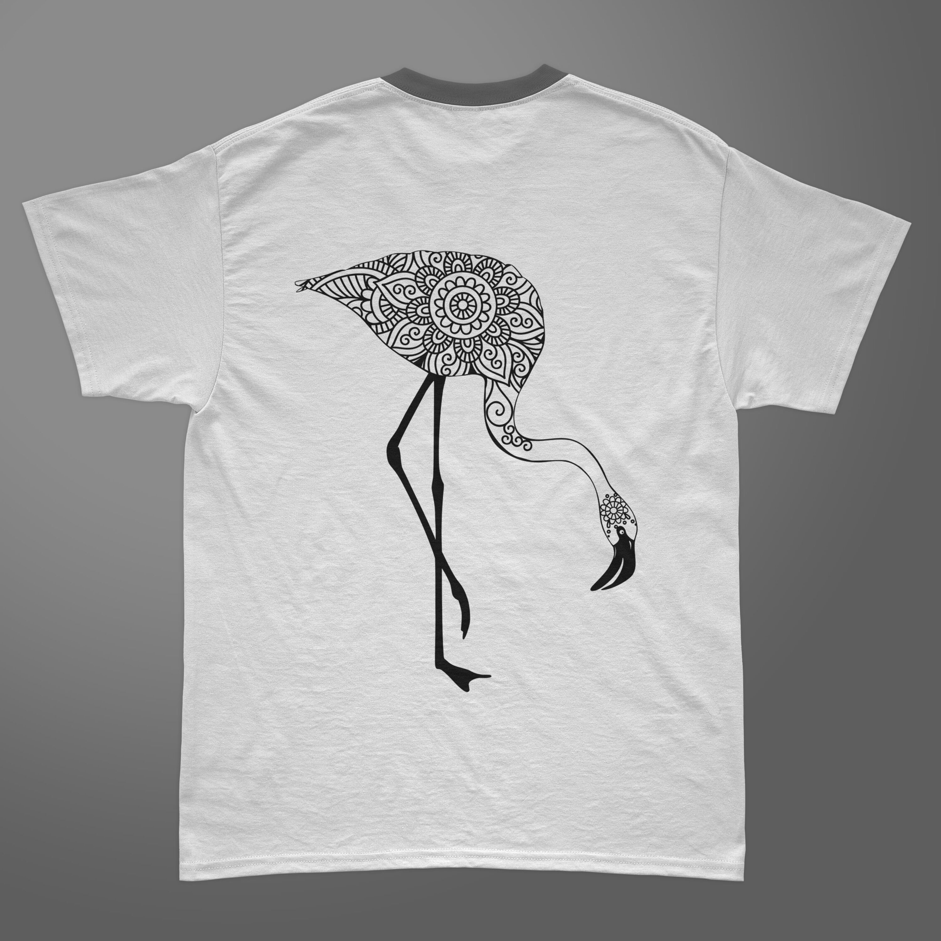 Simple white t-shirt with the black flamingo with mandala ornament.