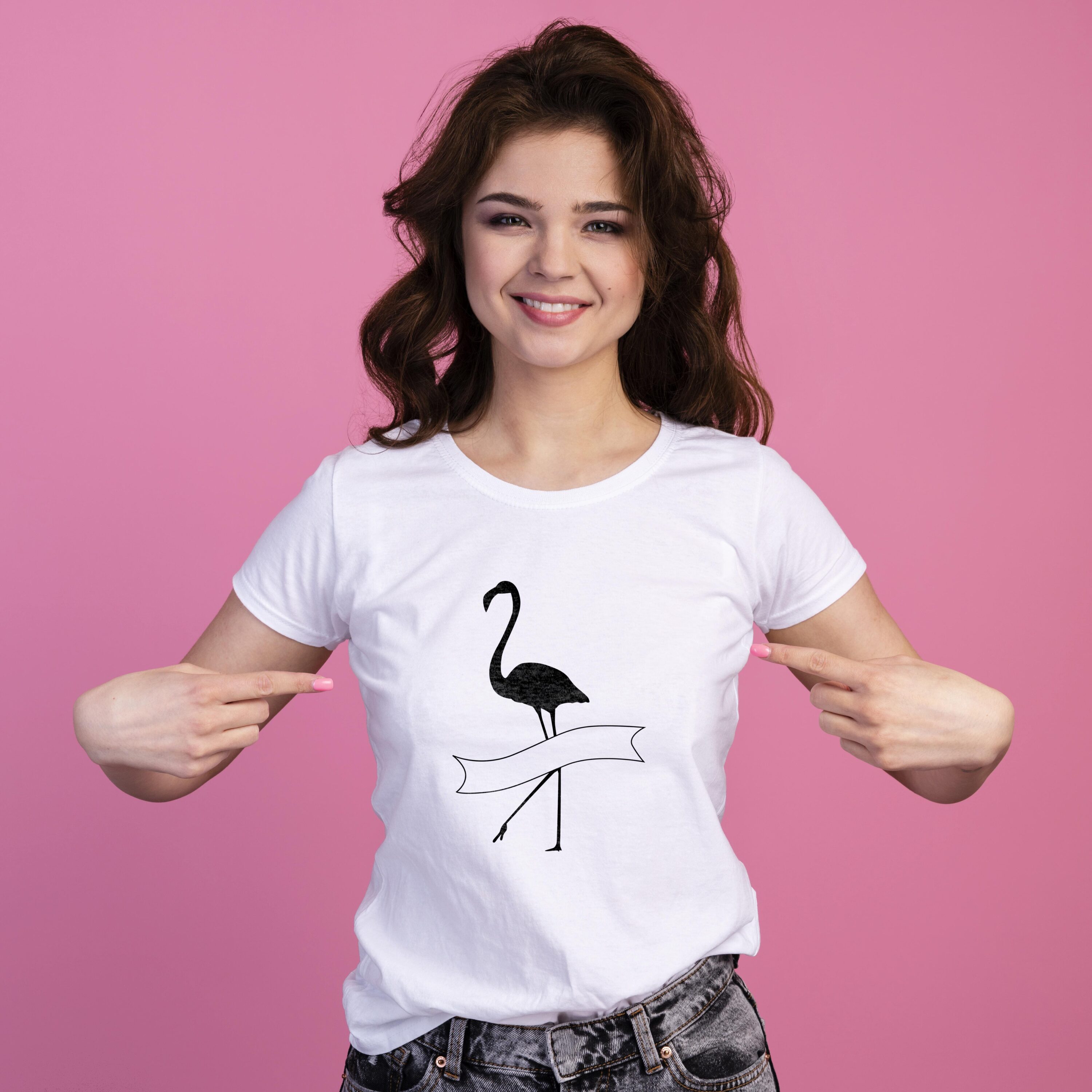 Black flamingo with the ribbon on the t-shirt.