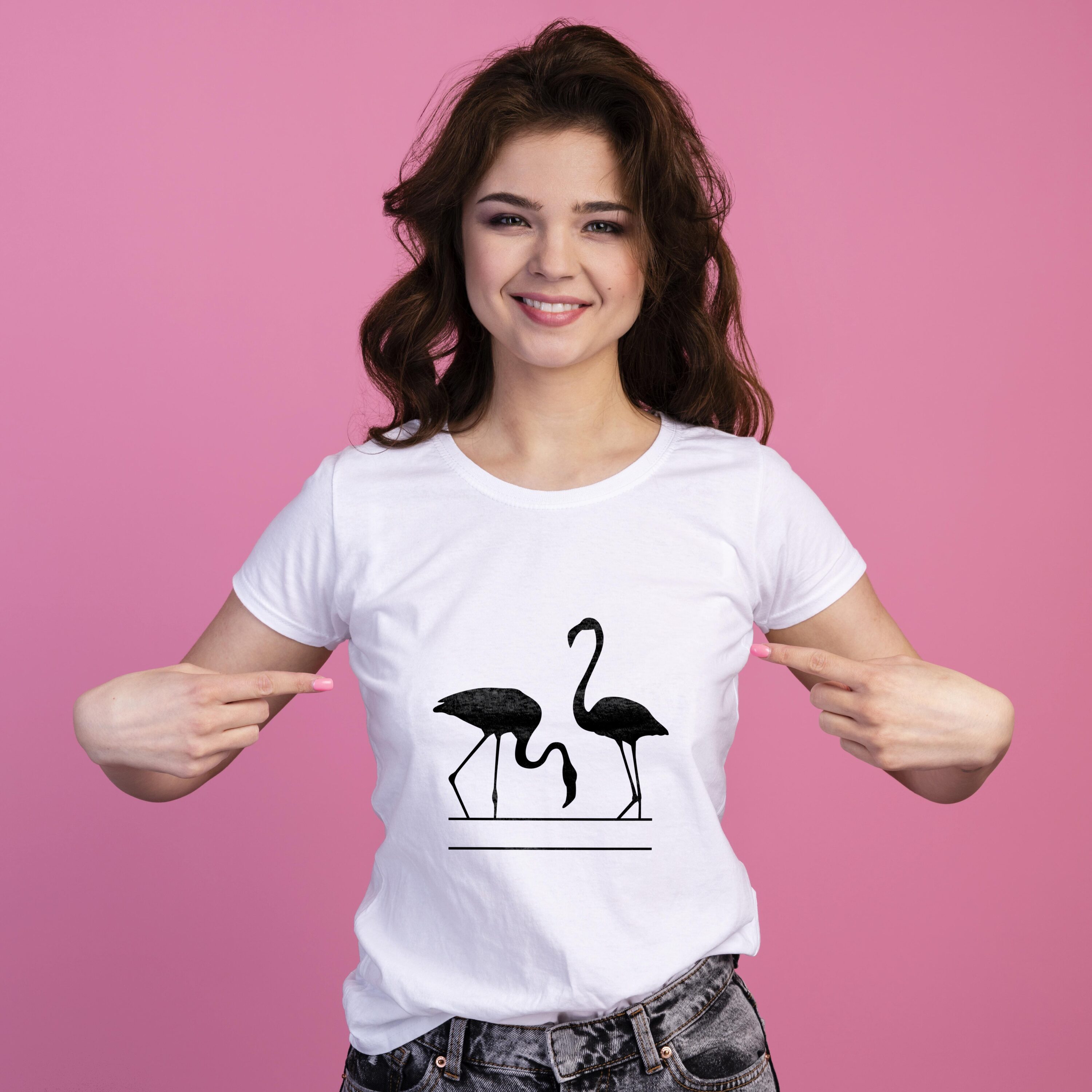 White t-shirt with the two small flamingo in the black.
