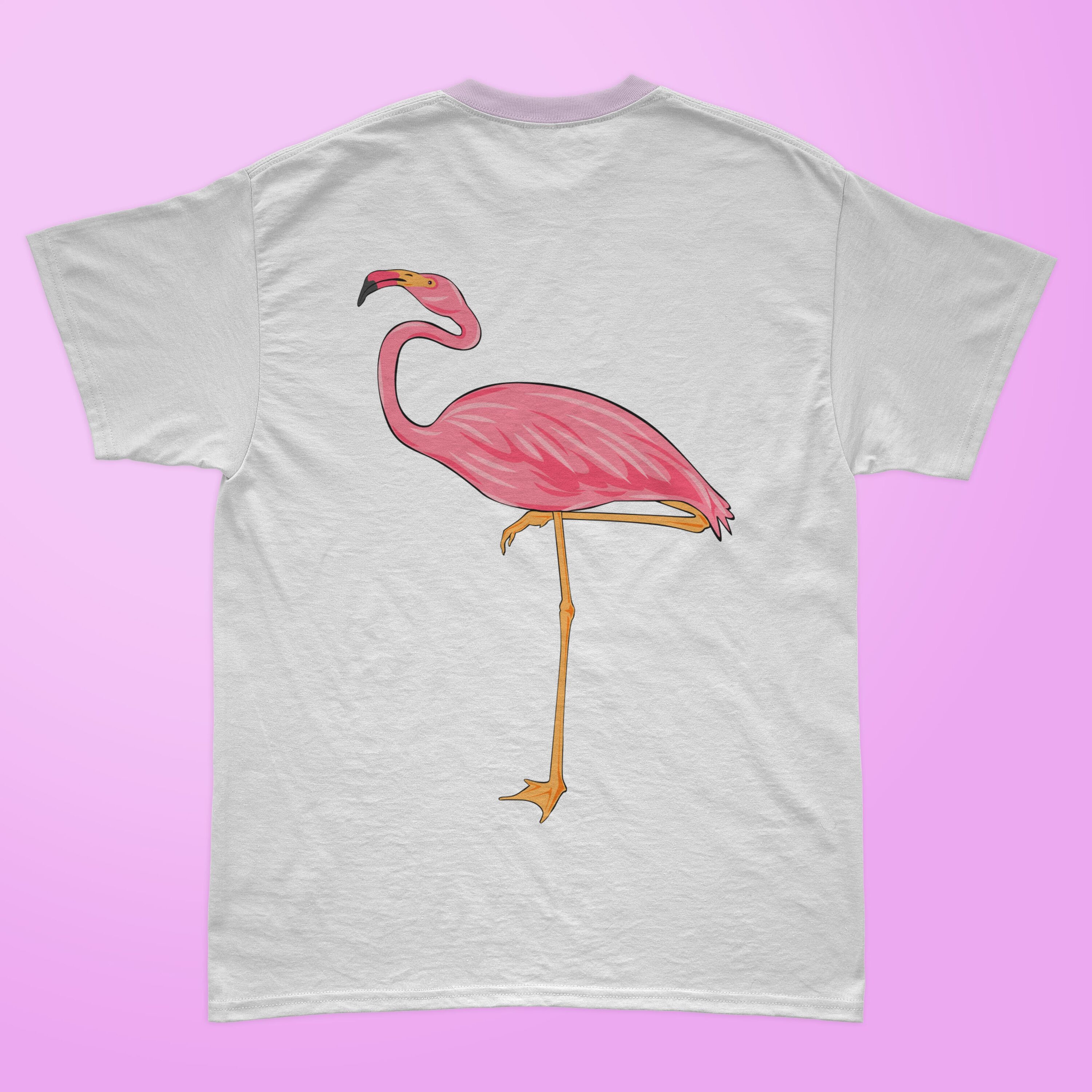 Cute pink flamingo on the white t-shirt.