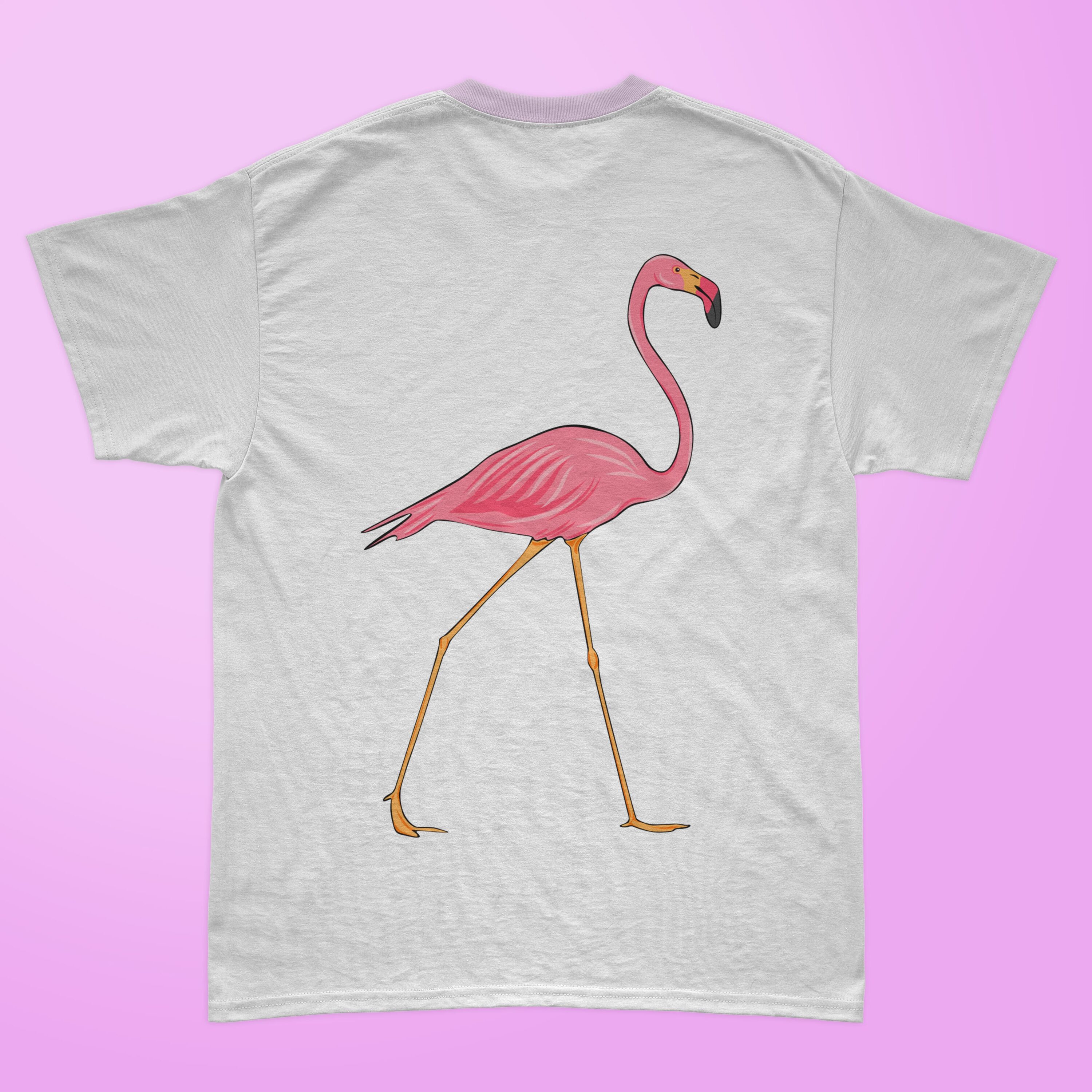Walking flamingo on the classic white t-shirt.
